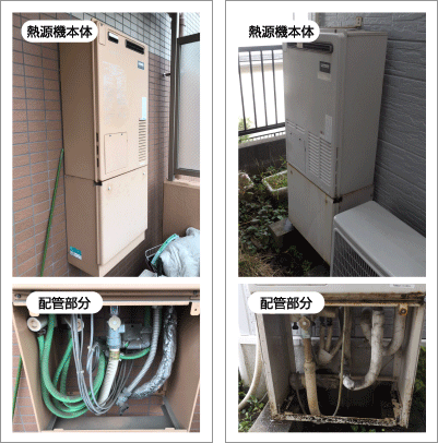 熱源機本体を配管部分の写真