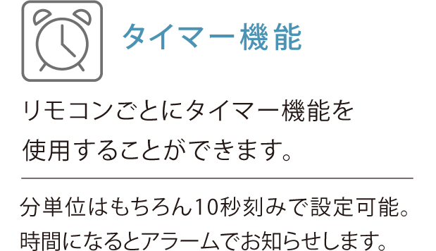 タイマー機能、リモコンごとにタイマー機能を使用することができます。分単位はもちろん10秒刻みで設定可能。時間になるとアラームでお知らせします。