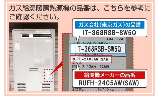 ガス給湯暖房熱源機の品番は、こちらの写真を参考にご確認ください