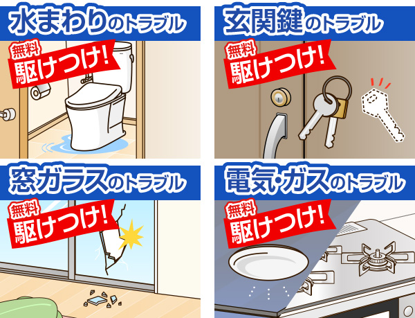 水まわりトラブル無料駆けつけ、玄関鍵のトラブル無料駆けつけ、窓ガラスのトラブル無料駆けつけ、電気・ガスのトラブル無料駆けつけ