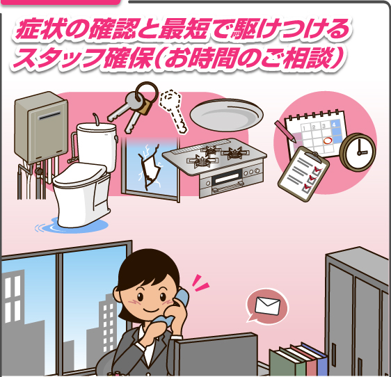 症状の確認と最短で駆けつけるスタッフ確保（お時間のご相談）